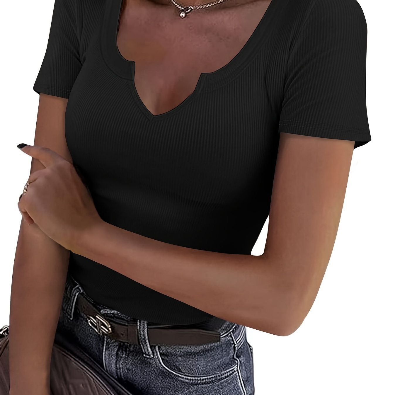 

Women V Neck Ribbed Short Sleeve Shirt Fitted Basic Henley Knit Top