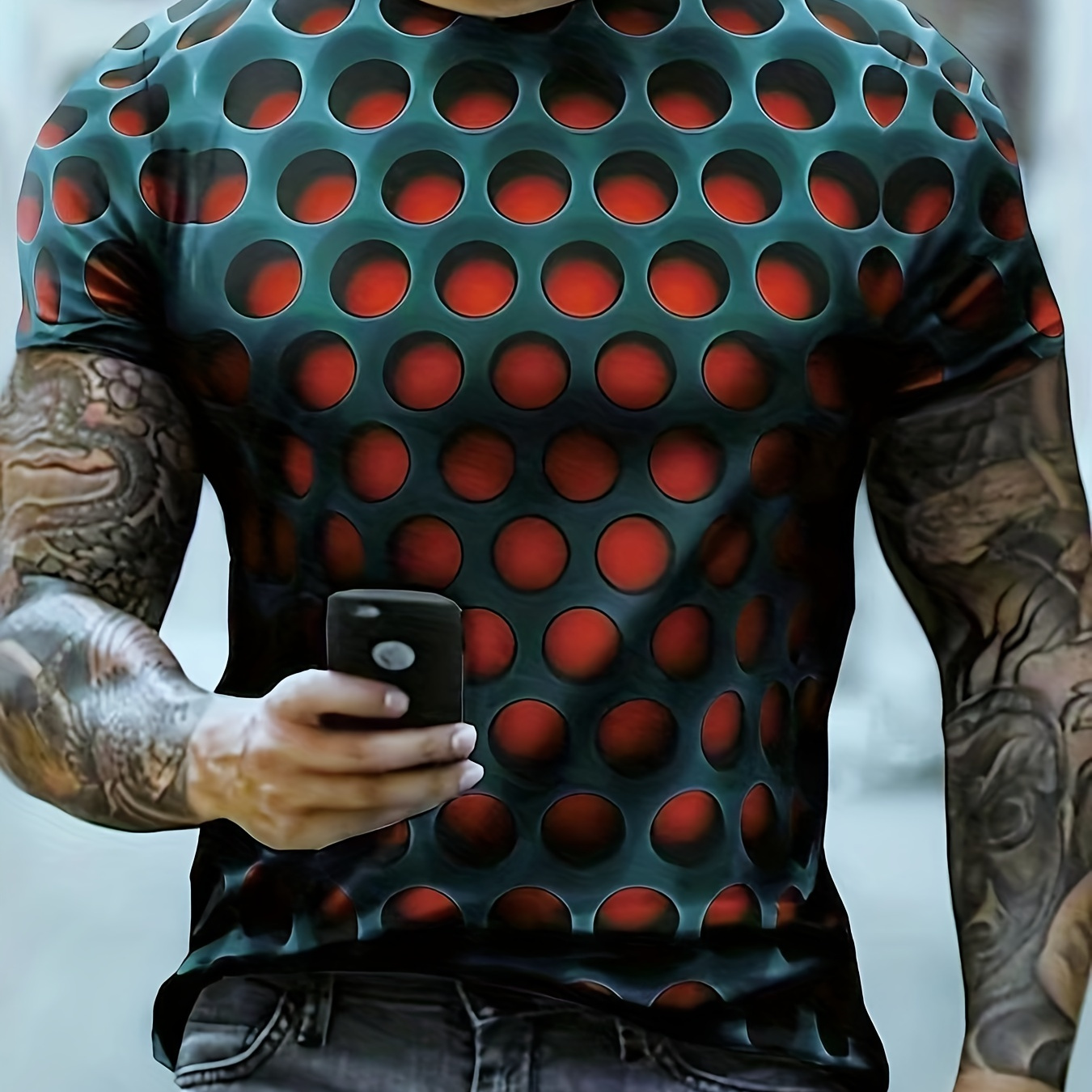 3D Dense Hole Pattern Vision Illusion Casual Slightly Stretch Short Sleeve Sports Graphic Tee, Men's Clothes For Summer Outdoor