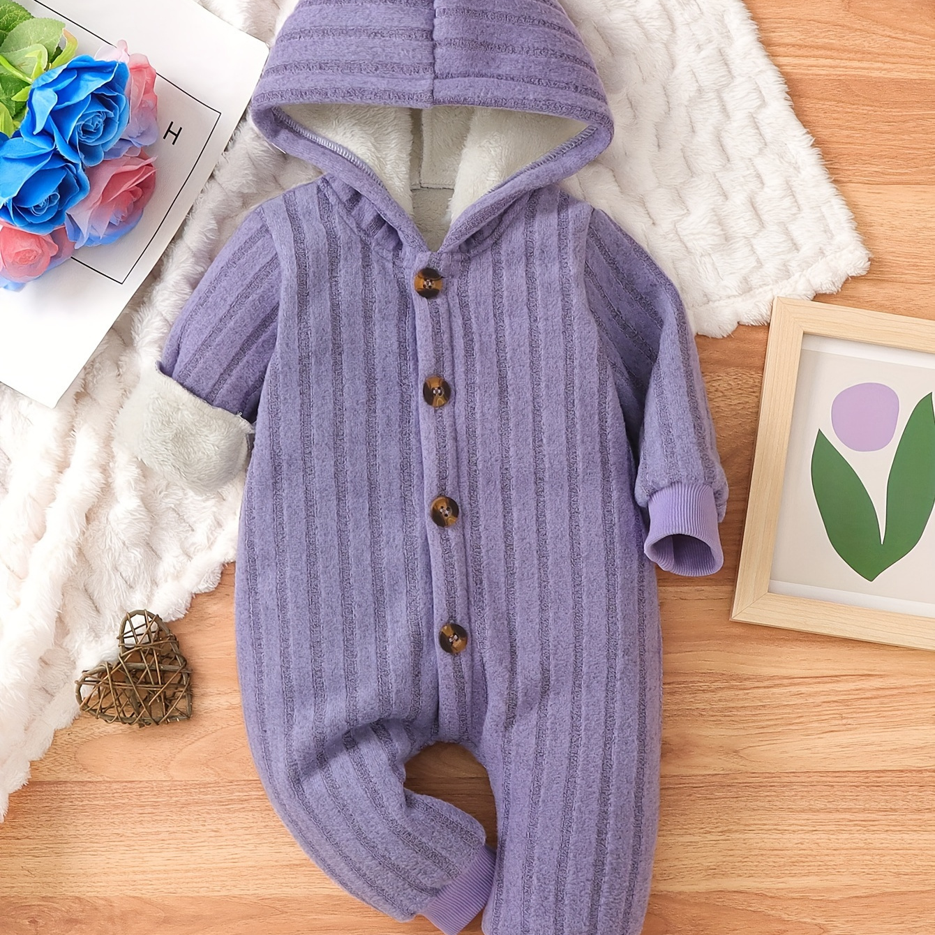 

' Fleece-lined Hooded - Long , Button , For Fall/, For