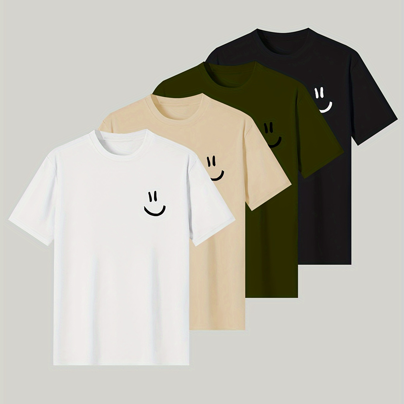 

4pcs Men's Simple Style Casual Cartoon Smile Face Graphic Print Tees, Comfy Short Sleeve Crew Neck T-shirt Moisture Wicking Home Pajamas Top Men's Summer Outdoor Clothing
