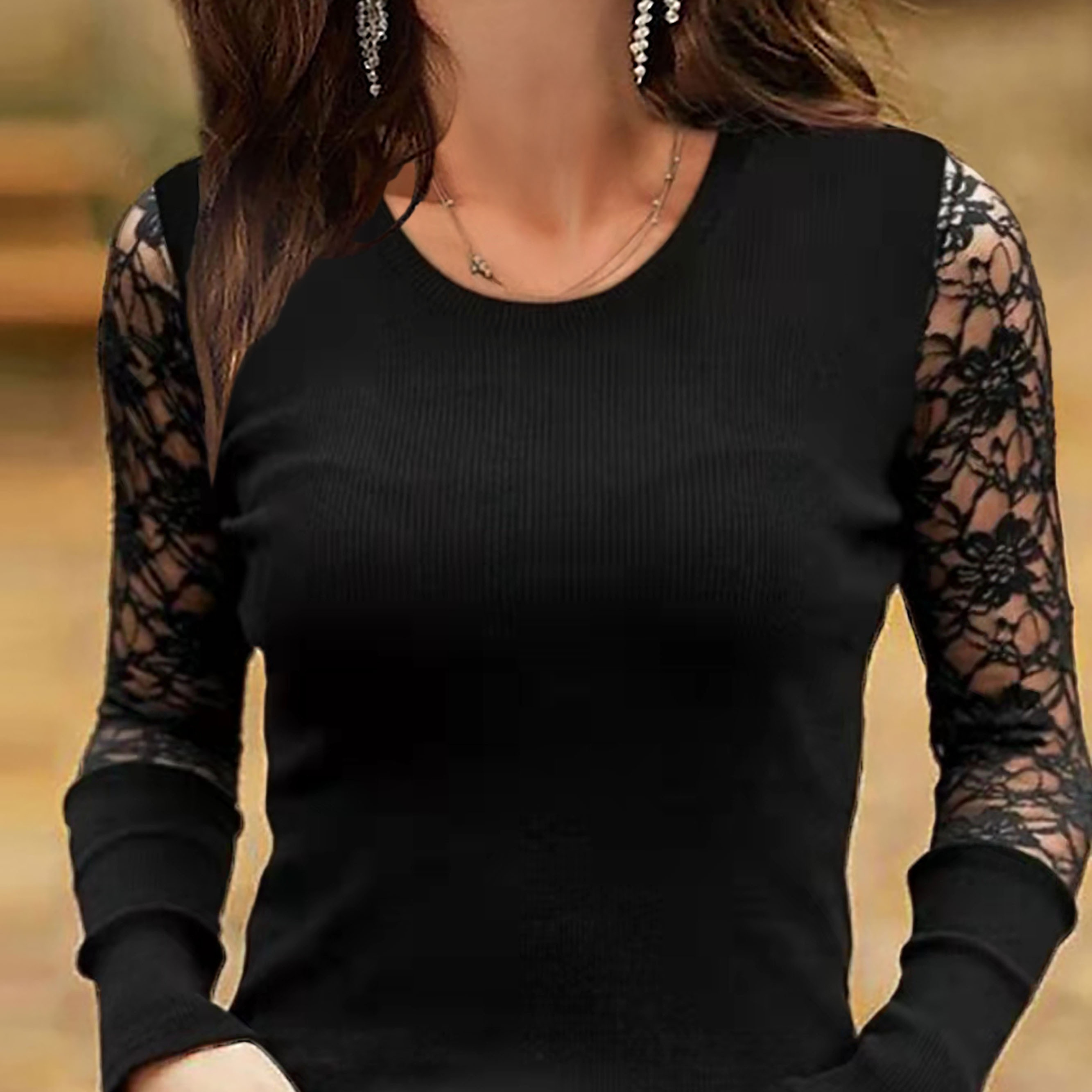 

Women's Casual Lace-trim Long Sleeve T-shirt - Crew Neck, Semi-sheer Polyester , Machine Washable