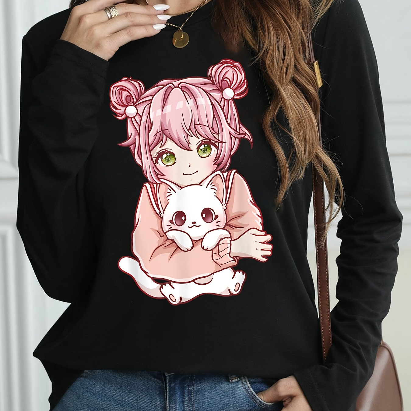 

T-Shirt à Manches Longues pour Femmes avec Imprimé Fille Anime et Chat, Haut Décontracté à Col Rond, Tissu en de Mélange de Polyester, Style Kawaii, pour Toutes les , Vêtements Anime