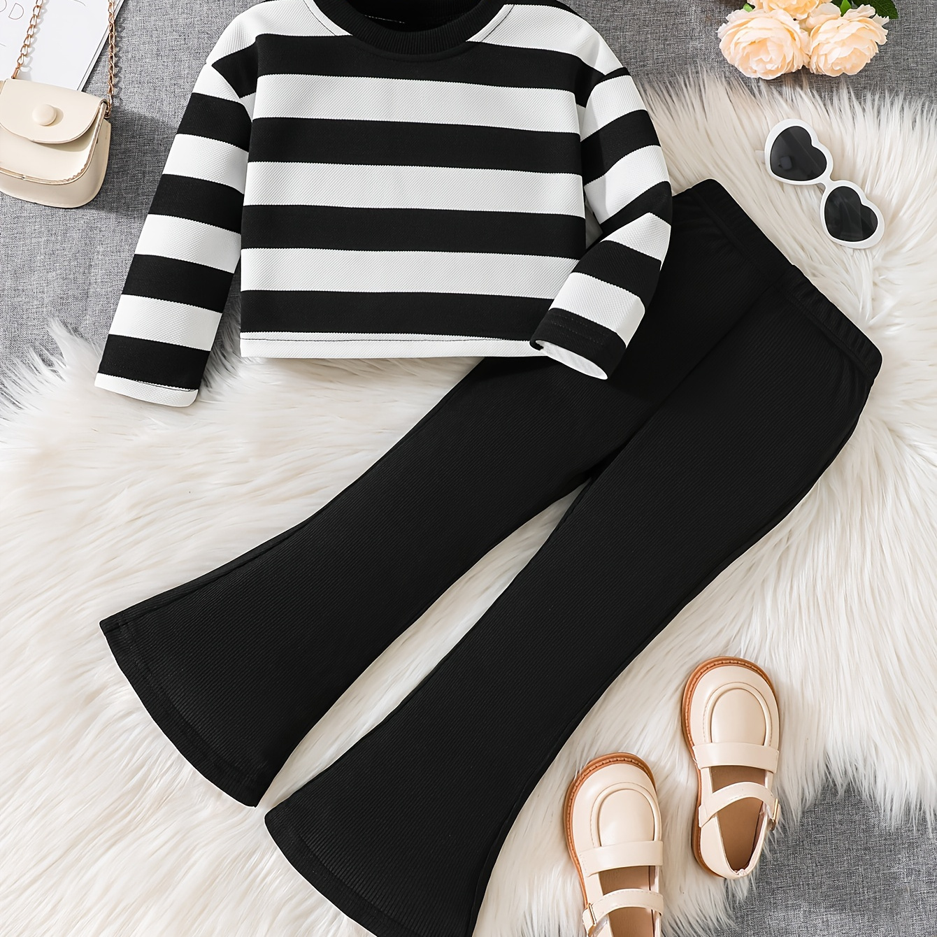 

2-piece Girl's Striped Long Sleeve Sweatshirt Top + Flared Trousers Set - Comfy Versatile For Spring/ Fall Casual Outings, Party, Gift