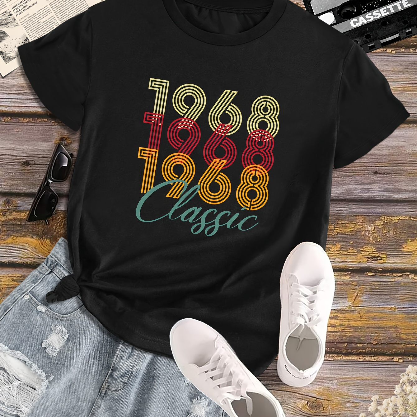 

Vintage 1968 Classic Graphic Round Neck Sports T-shirt, Casual Running Workout Short Sleeve Top, Women's Activewear