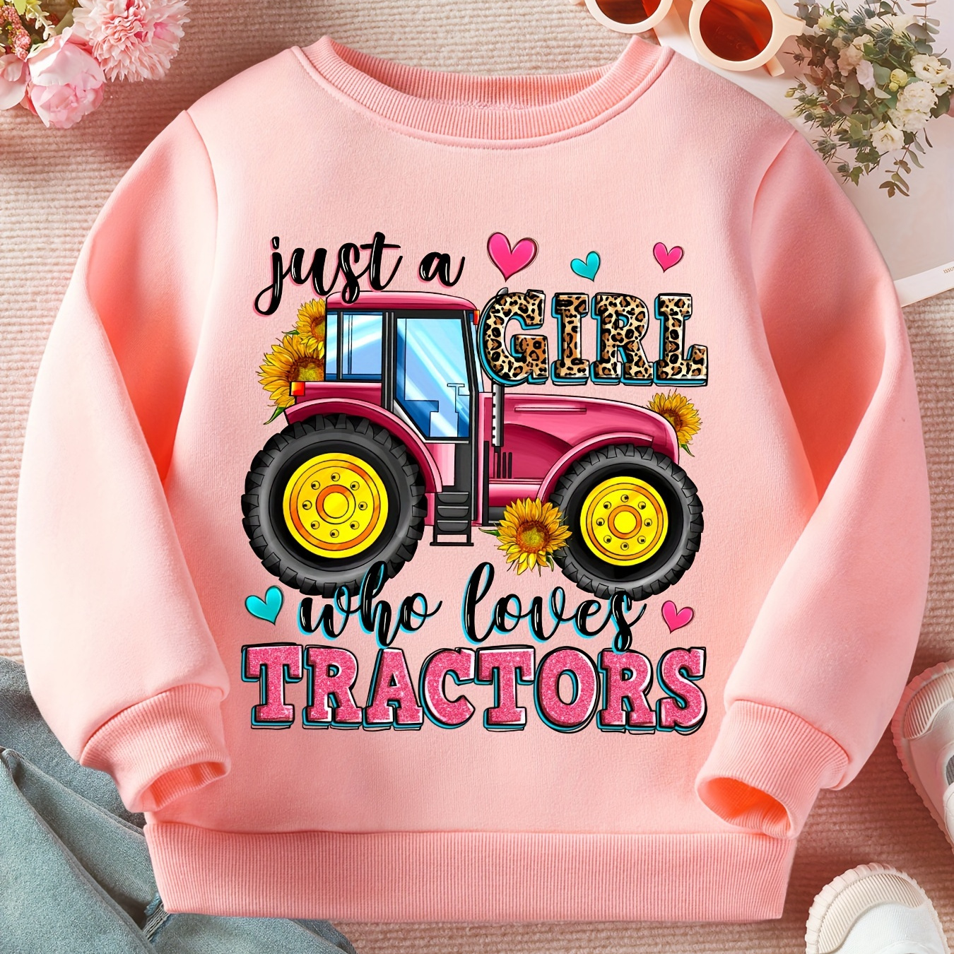 

Farm Tops For Girls, ''just A Girl Who Loves Tractors'' Print Sweatshirt, Fall Clothes For Kids, Gift