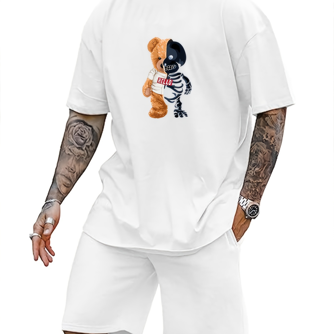 

Men's Trendy Casual Comfy Tees & Shorts, Skeleton Graphic Print Crew Neck Short Sleeve T-shirt & Loose Shorts With Drawstring Pockets Home Pajamas Sets, Casual Sets For Summer