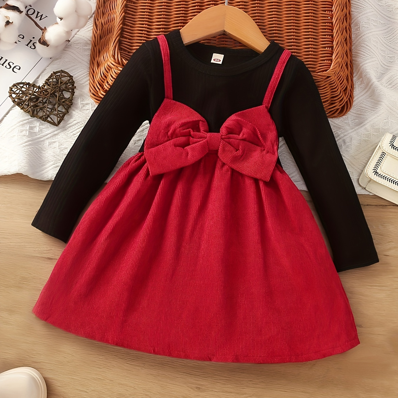 

Sweet Bowknot Front Girl's Stretchy Fake Two-piece Corduroy Casual Dress For Autumn And Winter