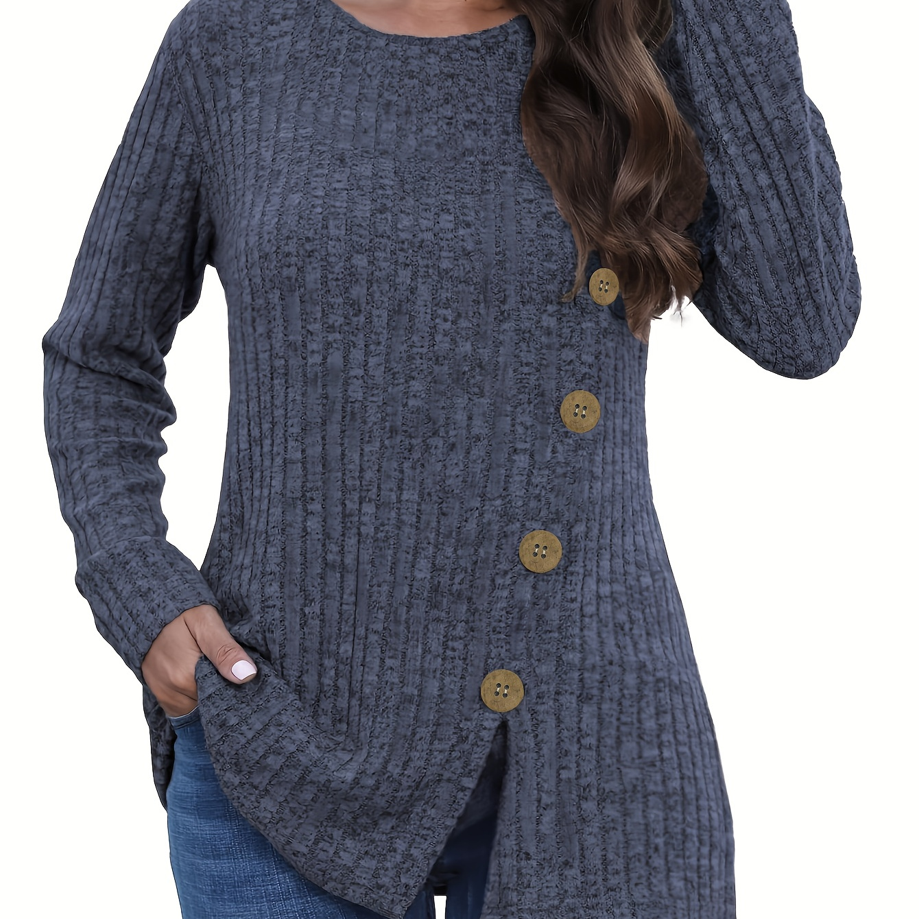 

Plus Size Elegant Knit Pullover Sweater For Women, Polyester , Crew Neck, Long Sleeve, Solid Color, Slight Stretch Fabric, With Slit Hem And Decorative Buttons, For Spring/fall