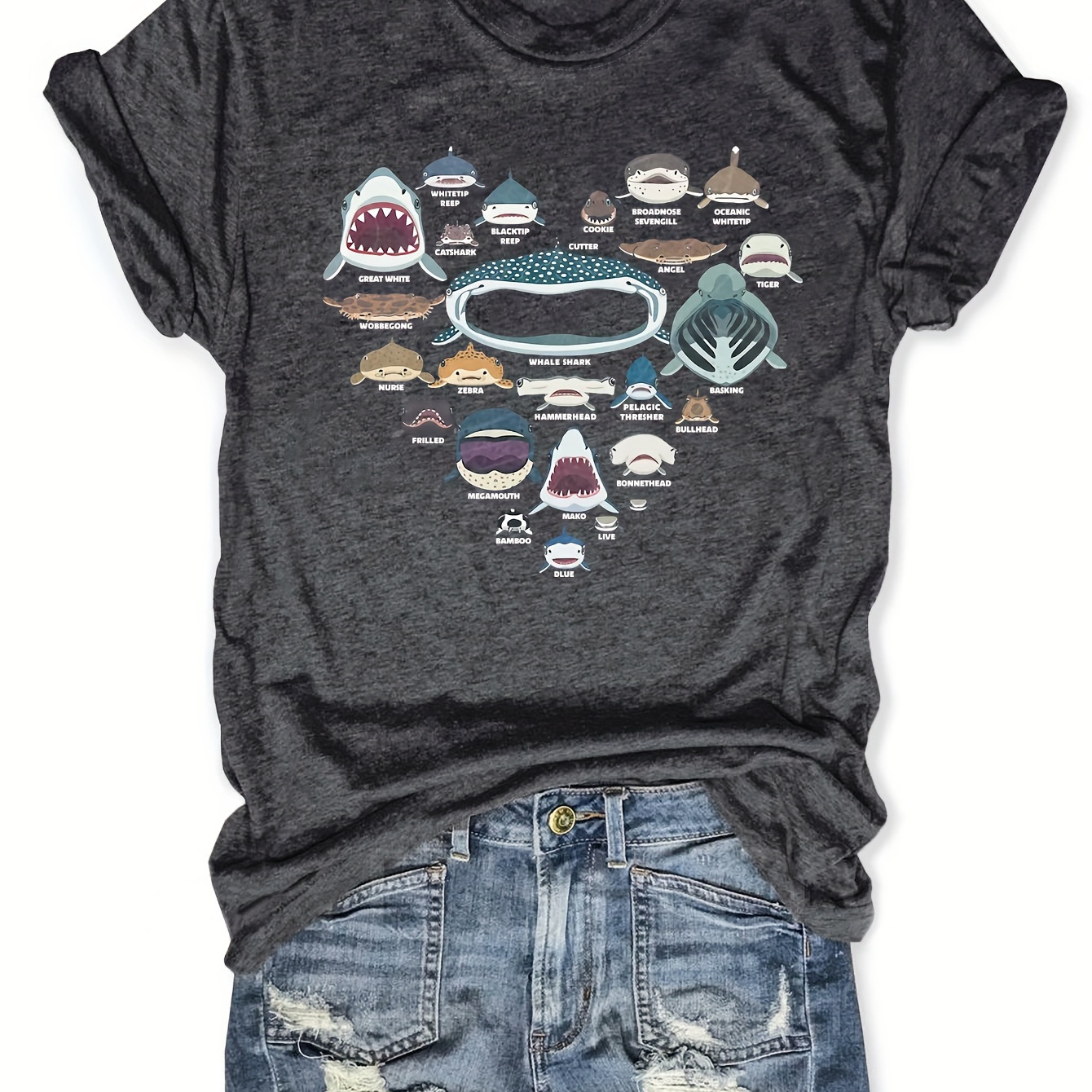

Shark Print Crew Neck T-shirt, Casual Short Sleeve T-shirt For Spring & Summer, Women's Clothing