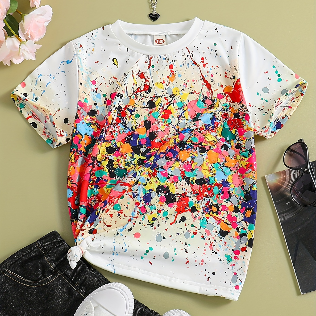 

Girls Casual Rainbow Graffiti Print Crew Neck Short Sleeve T-shirt Tops Comfy Tees For Summer Outdoor Gift
