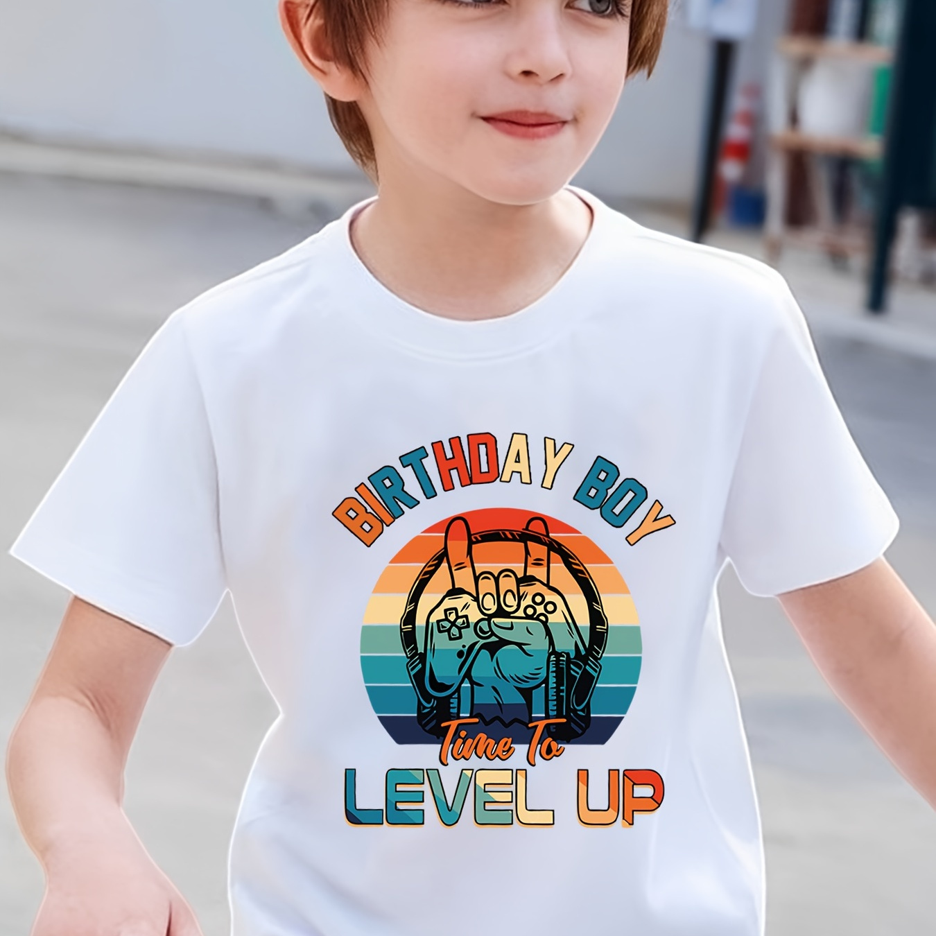 

Birthday Boy Level Up Print Boy's Casual Tees, Short Sleeve Crew Neck Comfy T-shirt Kids Summer Outdoor Sports Clothing