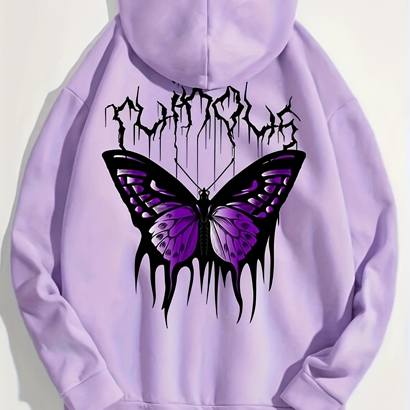 Plus Size Casual Hoodie, Women's Plus Gothic Butterfly Print Drawstring Fleece Hoodie With Kangaroo Pockets