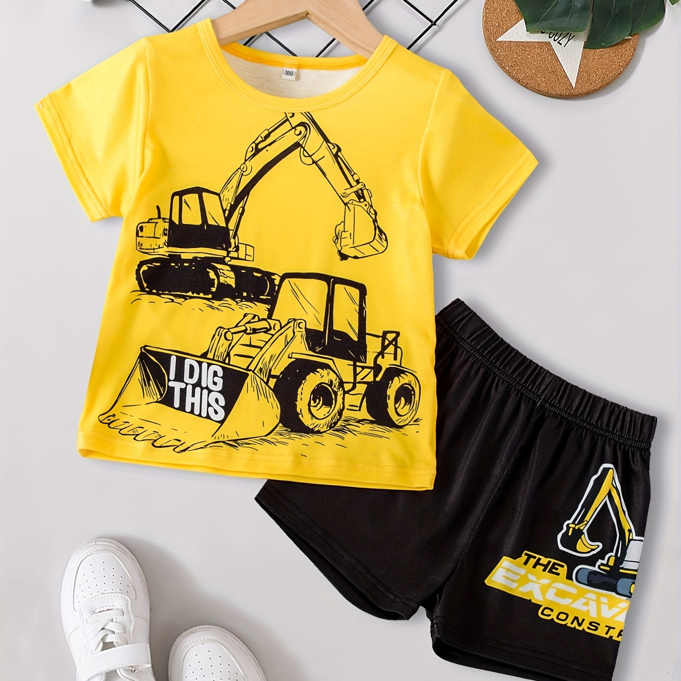 

Toddler Boy's 2pcs, T-shirt & Shorts Set, Cartoon Engineering Car Print Short Sleeve Top, Color Clash Casual Outfits, Kids Clothes For Summer