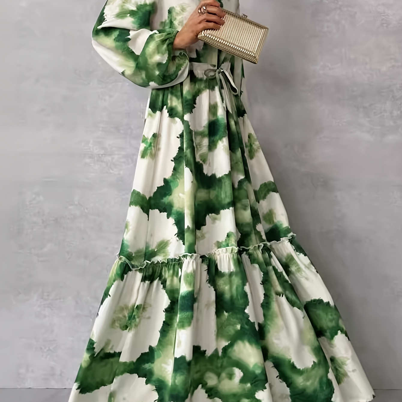 

Robe Maxi Élégante à Imprimé Floral pour Femme - Col en V, Manches Longues, Parfaite pour /Hiver