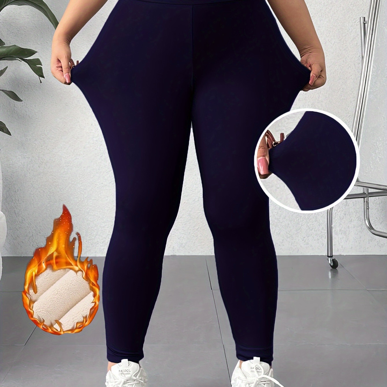 

Plus Size Solid Warm Leggings, Casual High Waist Thick Stretchy Leggings For Fall & Winter, Women's Plus Size Clothing