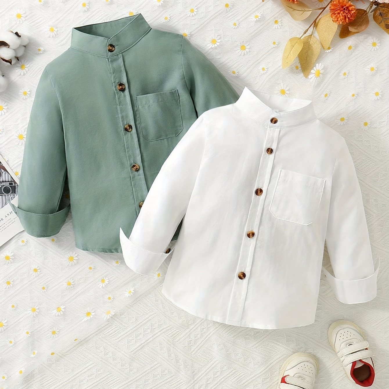 

2pcs Boys Solid Color Stand Collar Shirts, Long Sleeve Button Up Tops Spring Fall Outwear Shirts Jacket