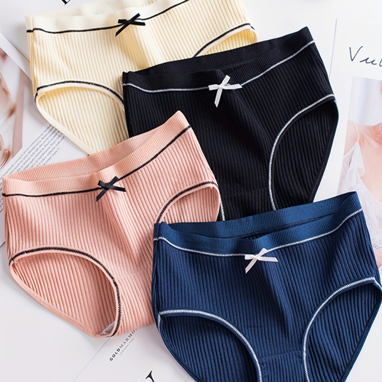 

4pcs Bow Decor Contrast Trim Seamless Briefs, Simple Comfy Breathable Stretchy Intimates Panties, Women's Lingerie & Underwear