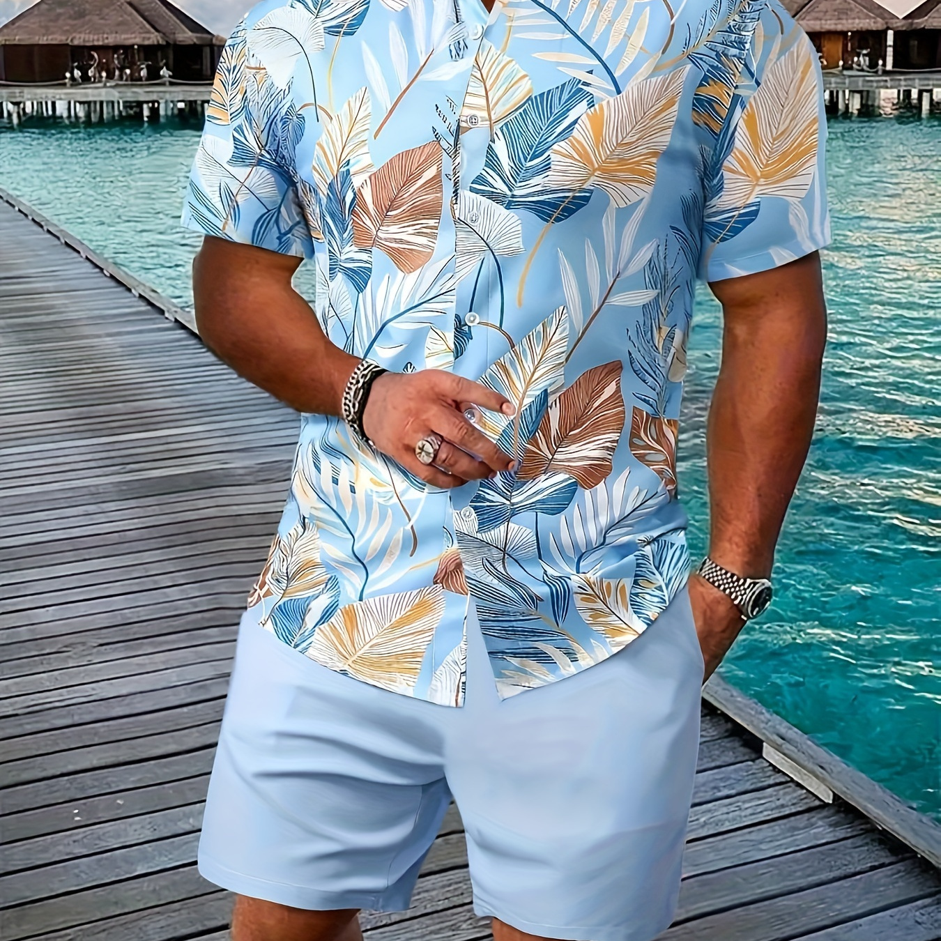 

2-piece Men's Hawaiian Style Summer Outfit Set, Pattern Print Short Sleeve Button Up Lapel Shirt Top & Solid Drawstring Shorts With Pockets