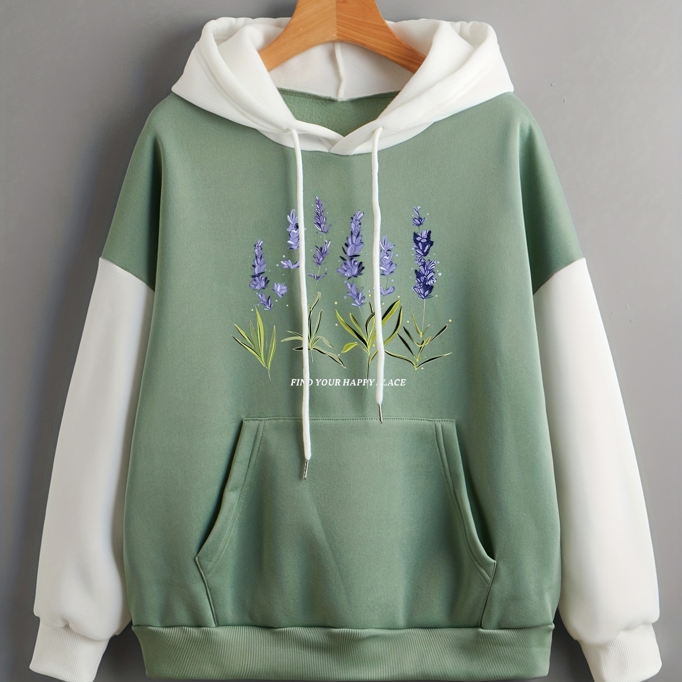 

Lavender Print Hoodie, Color Block Drawstring Casual Hooded Sweatshirt For Winter & Fall, Women's Clothing