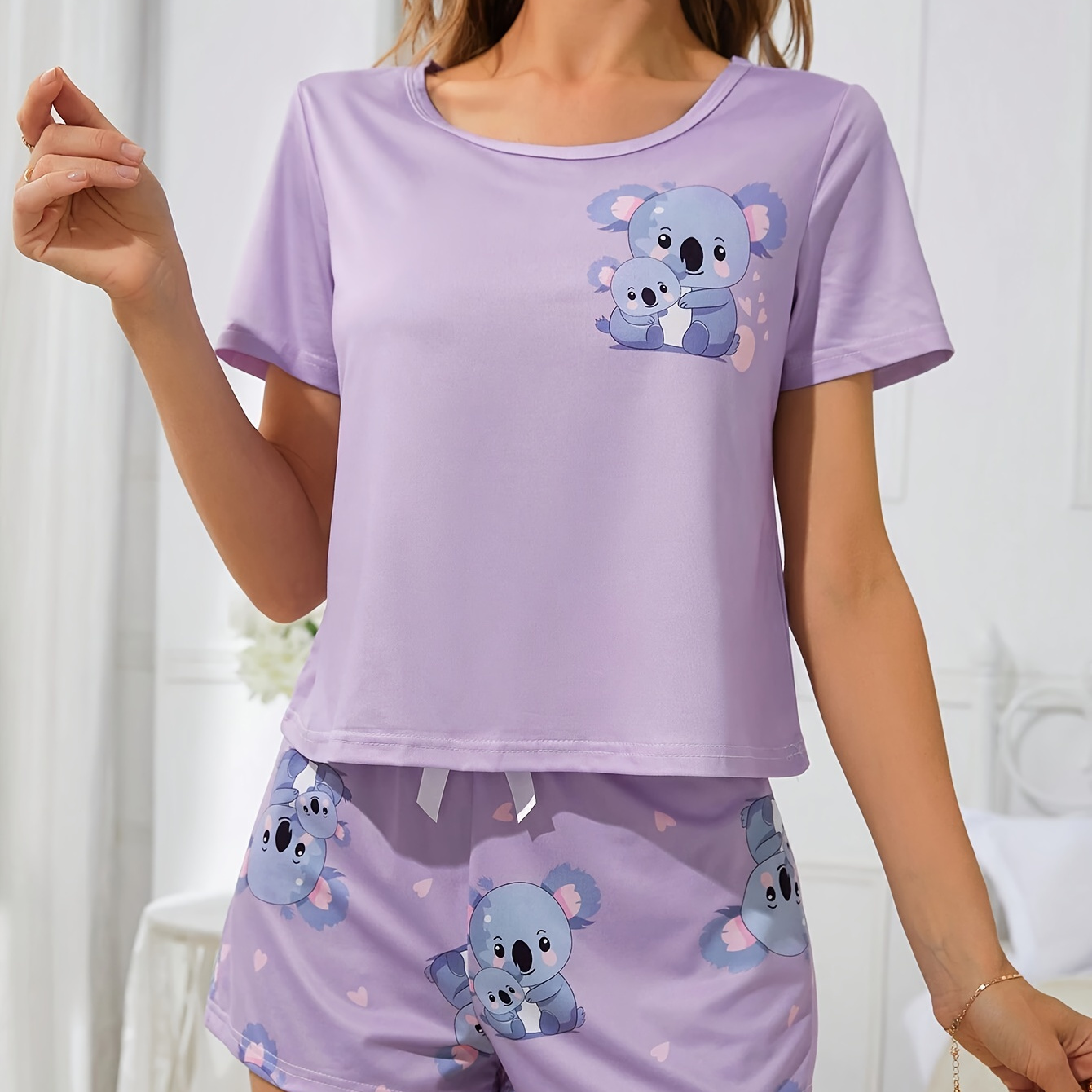 

Women's Cute Cartoon Koala Print Pajama Set, Short Sleeve Round Neck Top & Shorts, Comfortable Relaxed Fit