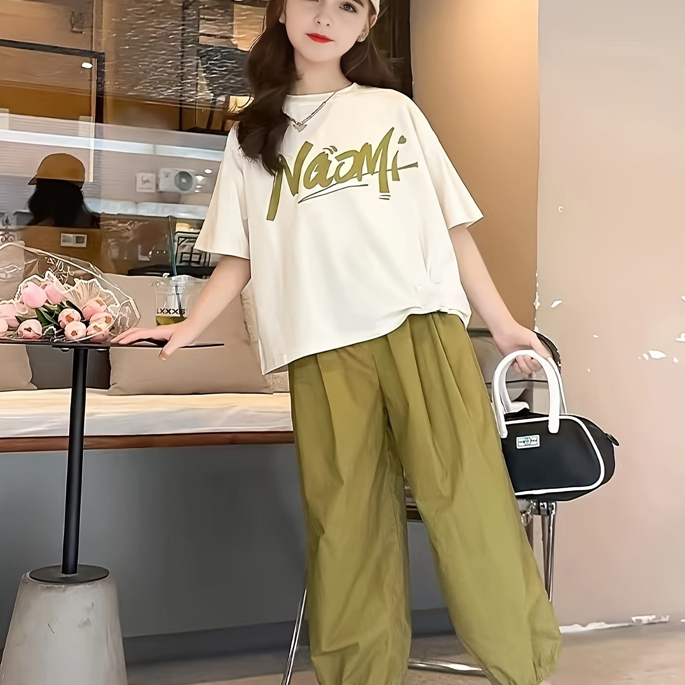 

Naomi Print, Girls Stylish Streetwear Outfit, 2pcs/set Short Sleeve Cotton Tee & Loose Baggy Pants