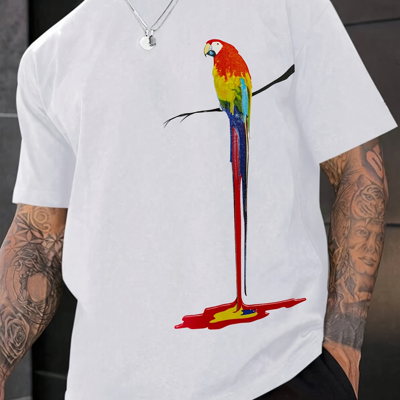 

Men's Beautiful Parrot Graphic Print T-shirt For Summer Casual Fashion Short Sleeve Tees For Outdoor