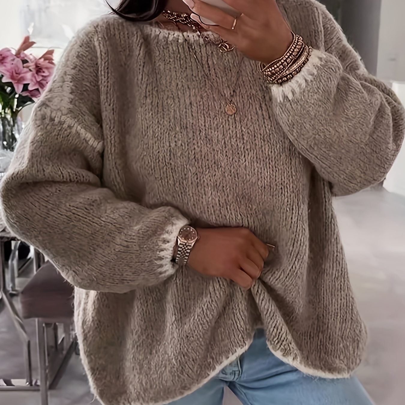 

Solid Off-the-shoulder Color Block Knit Sweater - Casual, Polyester, Fall/winter, Knit Fabric, 88.2 G/m²