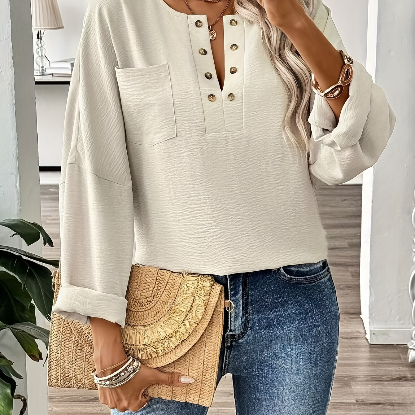 

Notched Neck Patched Pocket Blouse, Versatile Long Sleeve Loose Blouse For Spring & Fall, Women's Clothing