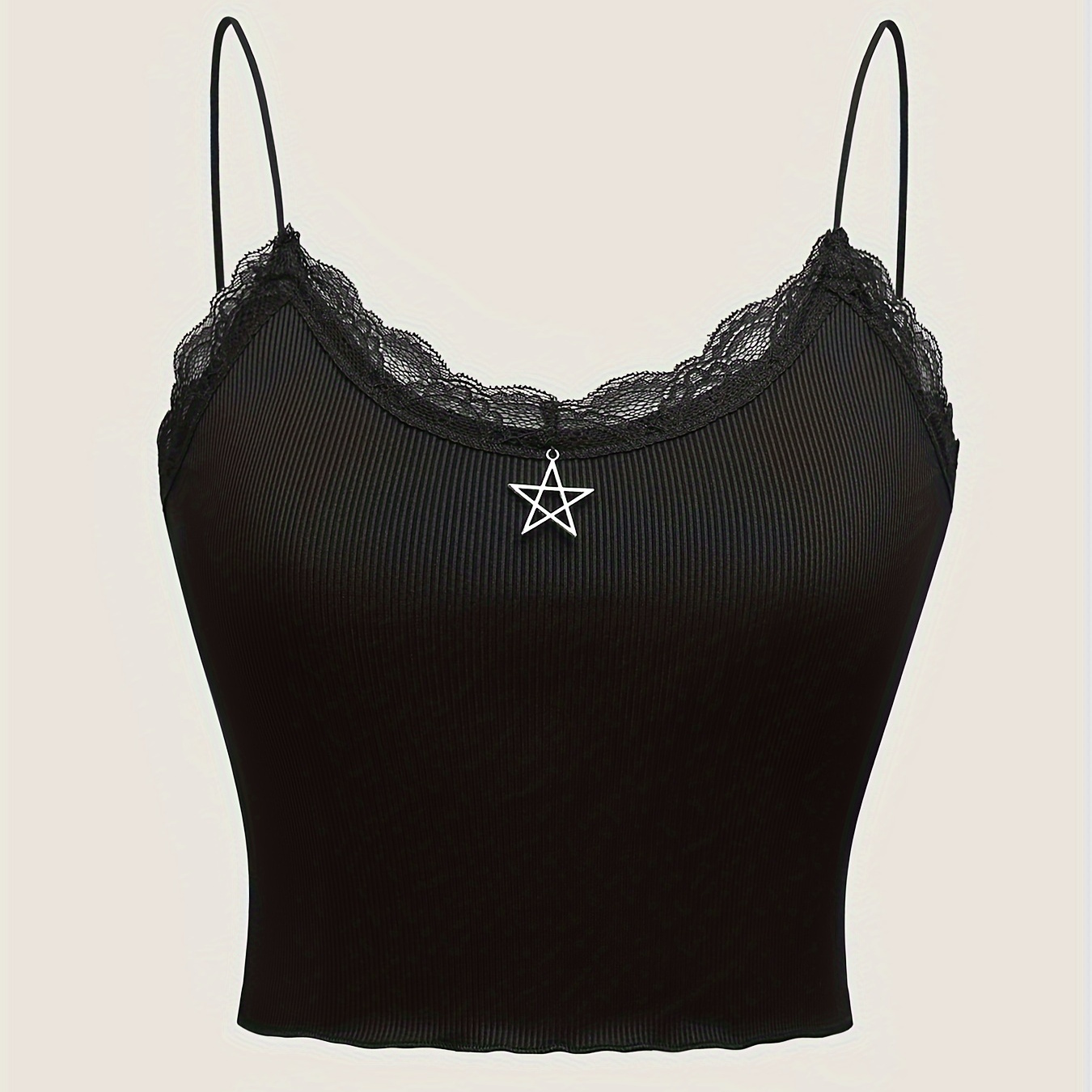 

Star Pendant Contrast Lace Cami Top, Casual Sleeveless Cami Top For Summer, Women's Clothing