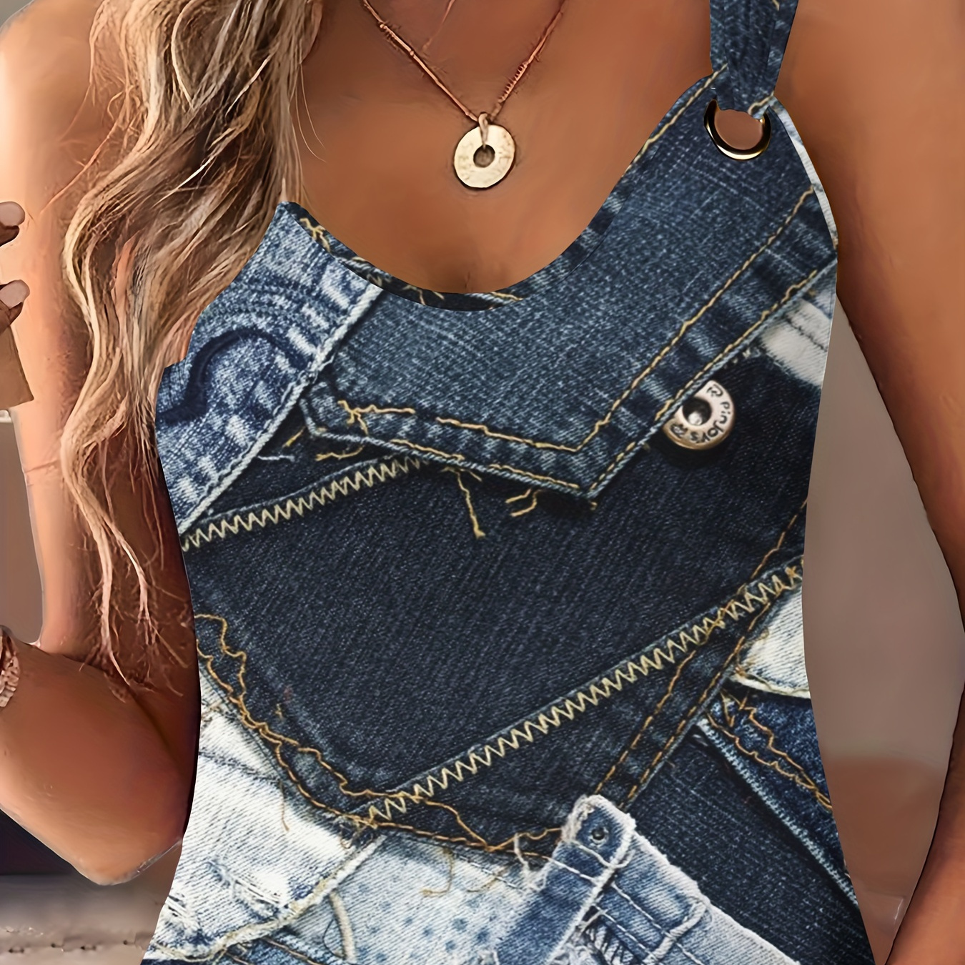 

Patchwork Print Ring Linked Tank Top, Casual Crew Neck Sleeveless Top For Summer, Women's Clothing