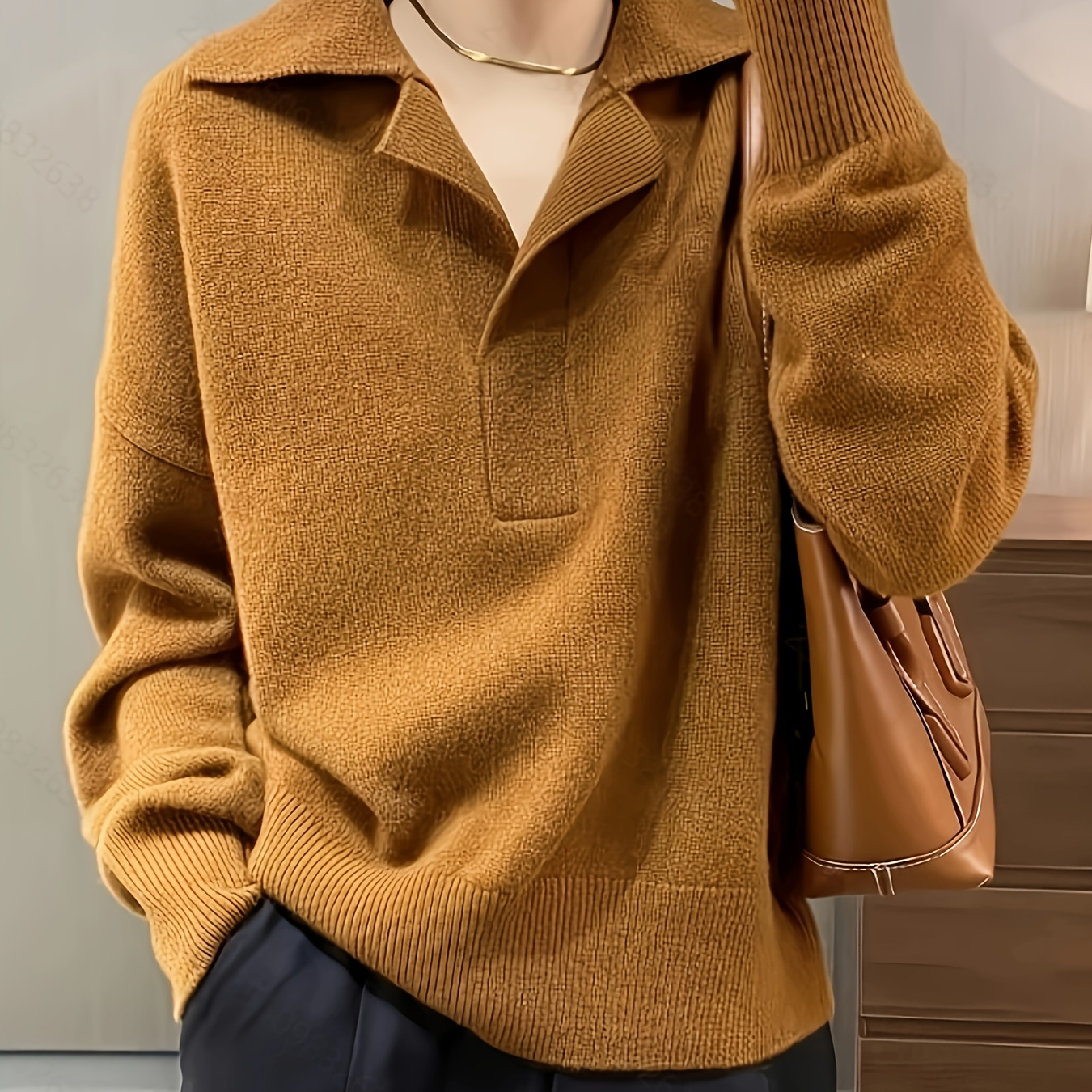 

Chic French-inspired Collar Knit Sweater For Women - Cozy Acrylic, Solid Color, Fall & Winter