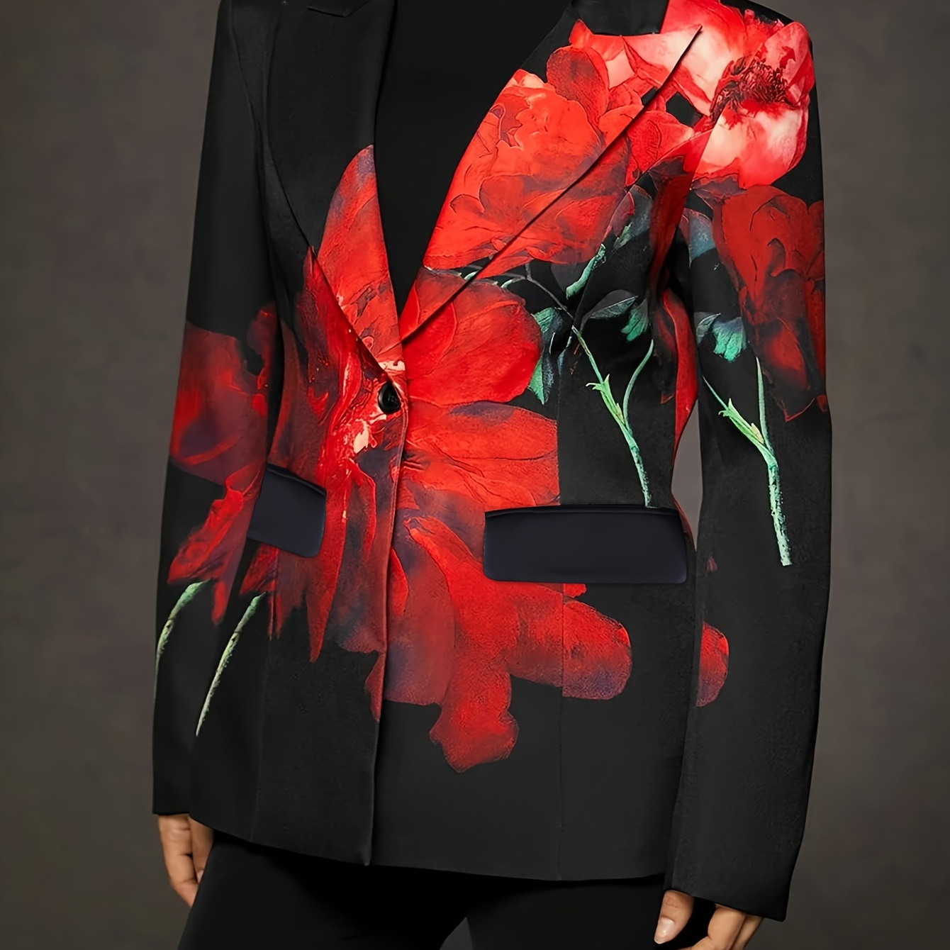 

Plus Size Floral Print Blazer For Women - Casual Polyester Lapel Jacket With Non-stretch Fabric, Long Regular Sleeves, Single Button , Winter Season - Fashionable Knit Outerwear Coat