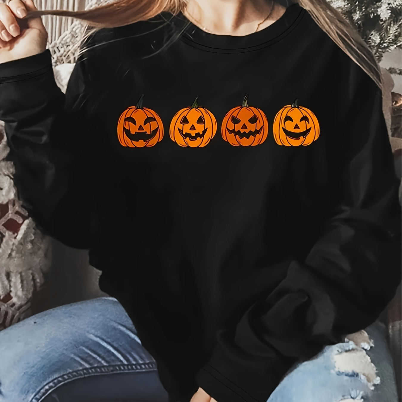 

Plus Size Women's Casual Sports Top With Cartoon Pumpkin Print, Stylish And Casual, Long Sleeves And Relaxed Fit