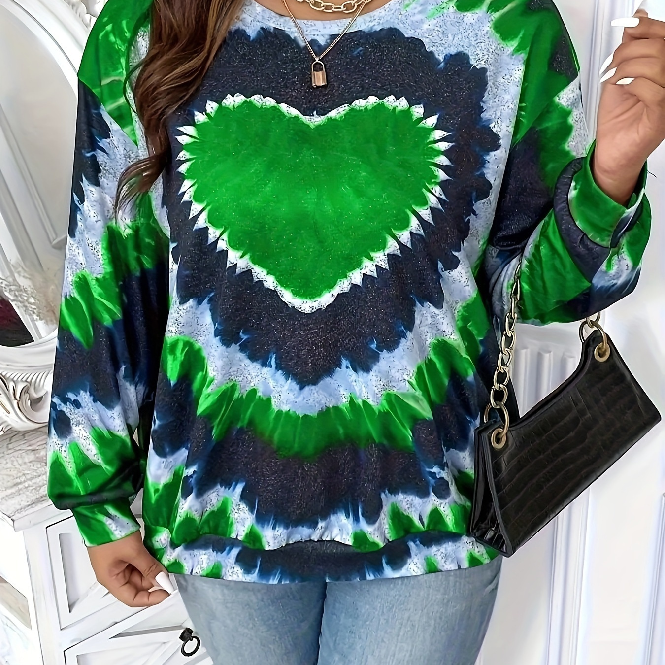 

Plus Size Tie Dye Heart Print T-shirt, Casual Crew Neck Long Sleeve Top For Spring & Fall, Women's Plus Size Clothing