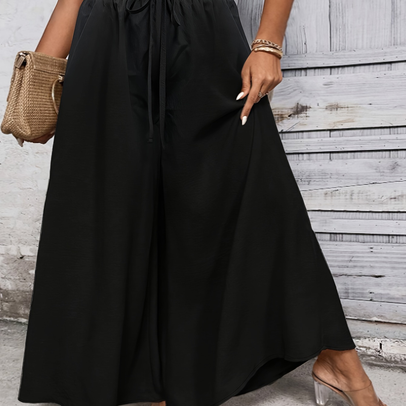 

Plus Size Solid Wide Leg Pants, Elegant Loose Drawstring Waist Pants For Spring & Summer, Women's Plus Size Clothing