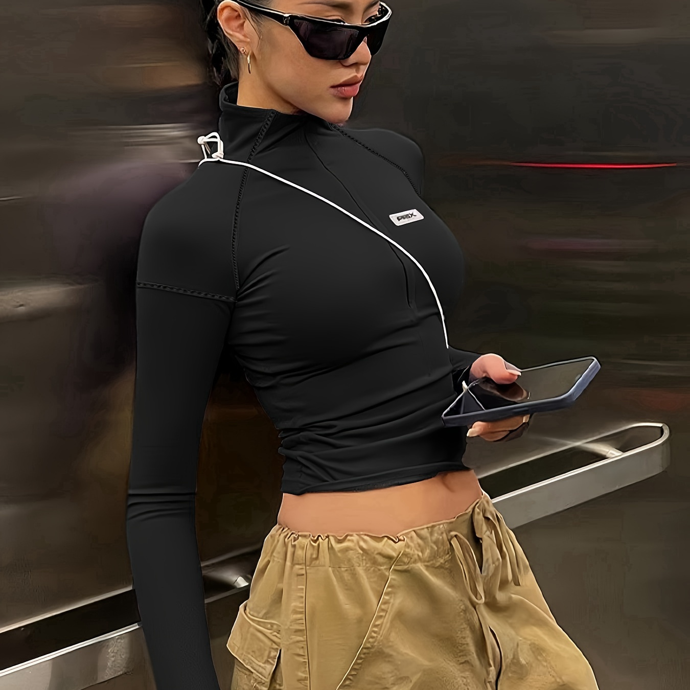

Solid Mock Neck T-shirt, Y2k Long Sleeve Top For Spring & Fall, Women's Clothing