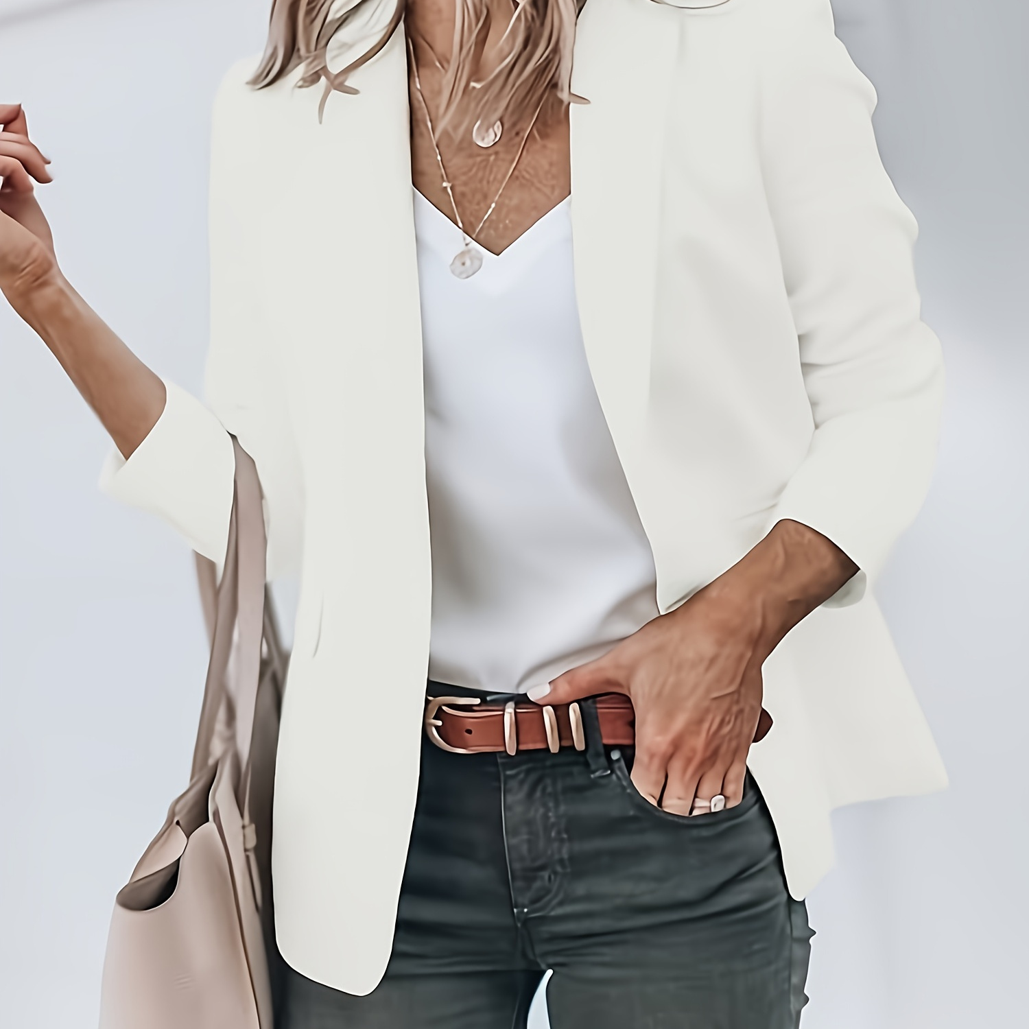 

Single Button Lapel Neck Blazer, Elegant Long Sleeve Office Blazer For Spring & Fall, Women's Clothing