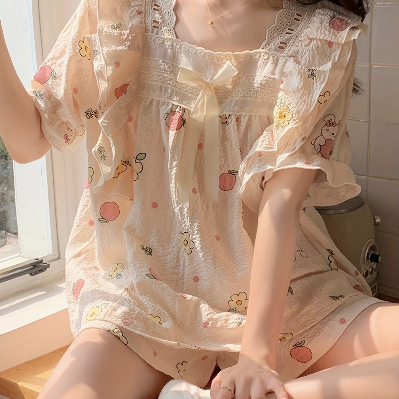 

Women's Cute Bunny & Floral Print Textured Ruffle Trim Pajama Set, Puff Sleeve Square Neck Top & Shorts, Comfortable Relaxed Fit