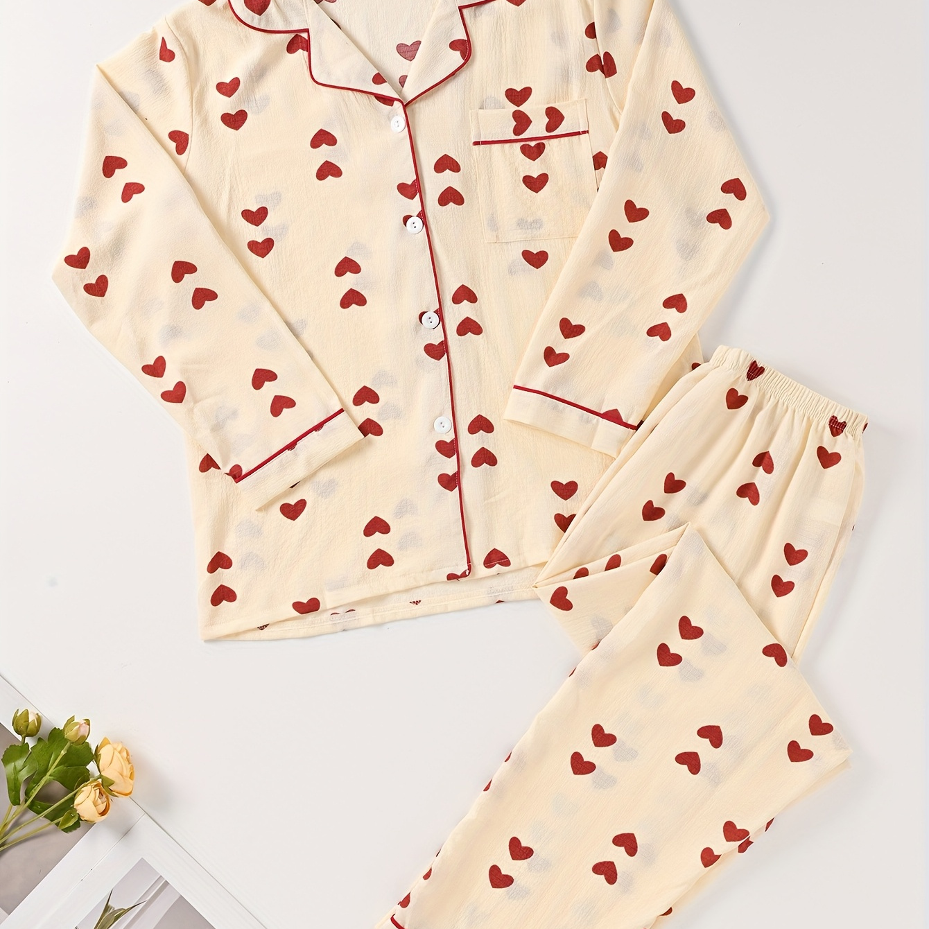 

2pcs Print Textured Pajama Set With Long Sleeves And Buttons, Relaxed Fit For Fall & Winter