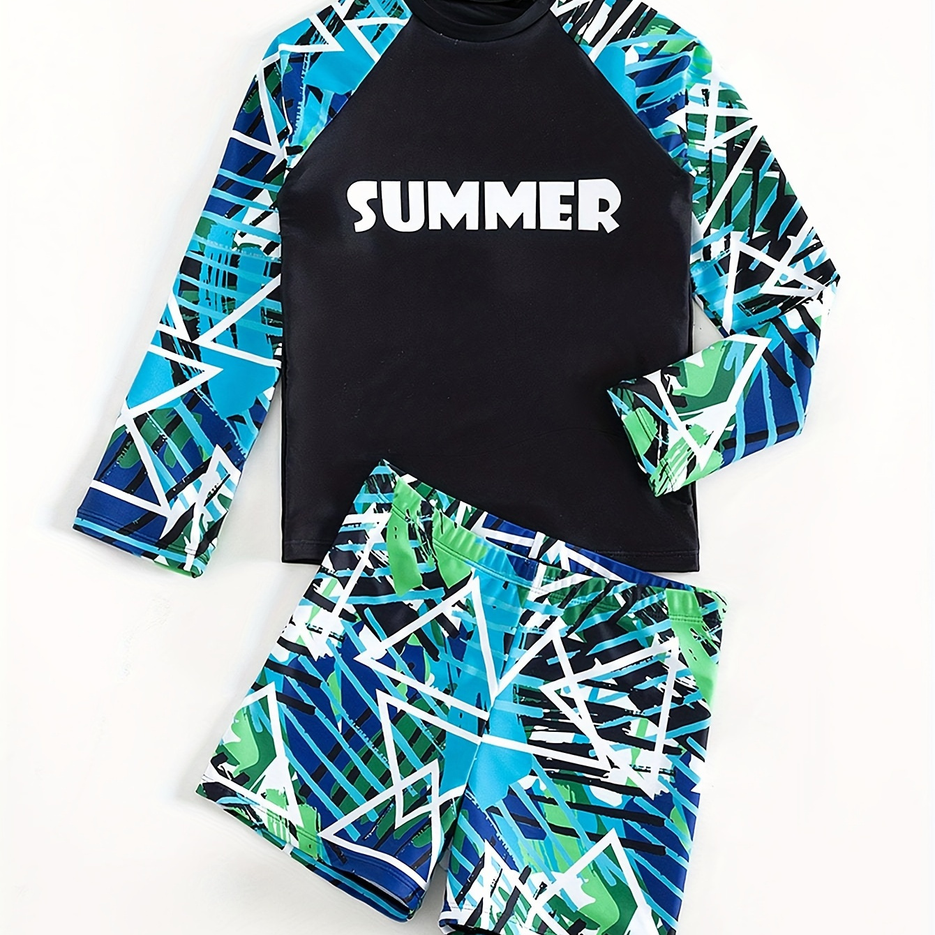 

2pcs Boys Geometric Print Swimsuit, Color Block Raglan Long Sleeve T-shirt & Swim Trunks Set, Stretchy Bathing Suit, Boys Swimwear For Pool Beach Holiday