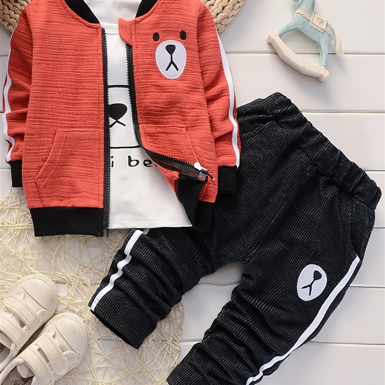 

3pcs Boy's Cartoon Bear Pattern Outfit, Corduroy Varsity Jacket & Long Sleeve Top & Pants Set, Casual Bomber Jacket, Toddler Kid's Clothes For Spring Fall, As Gift
