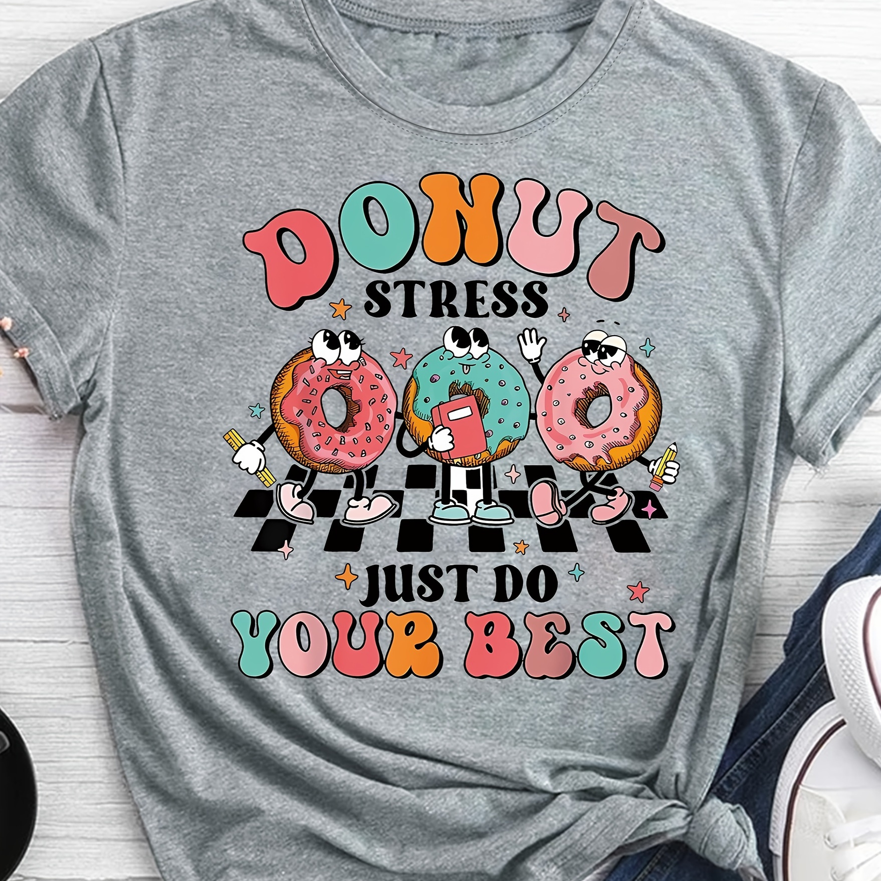 

Cartoon Donut Print T-shirt, Short Sleeve Crew Neck Casual Top For Summer & Spring, Women's Clothing