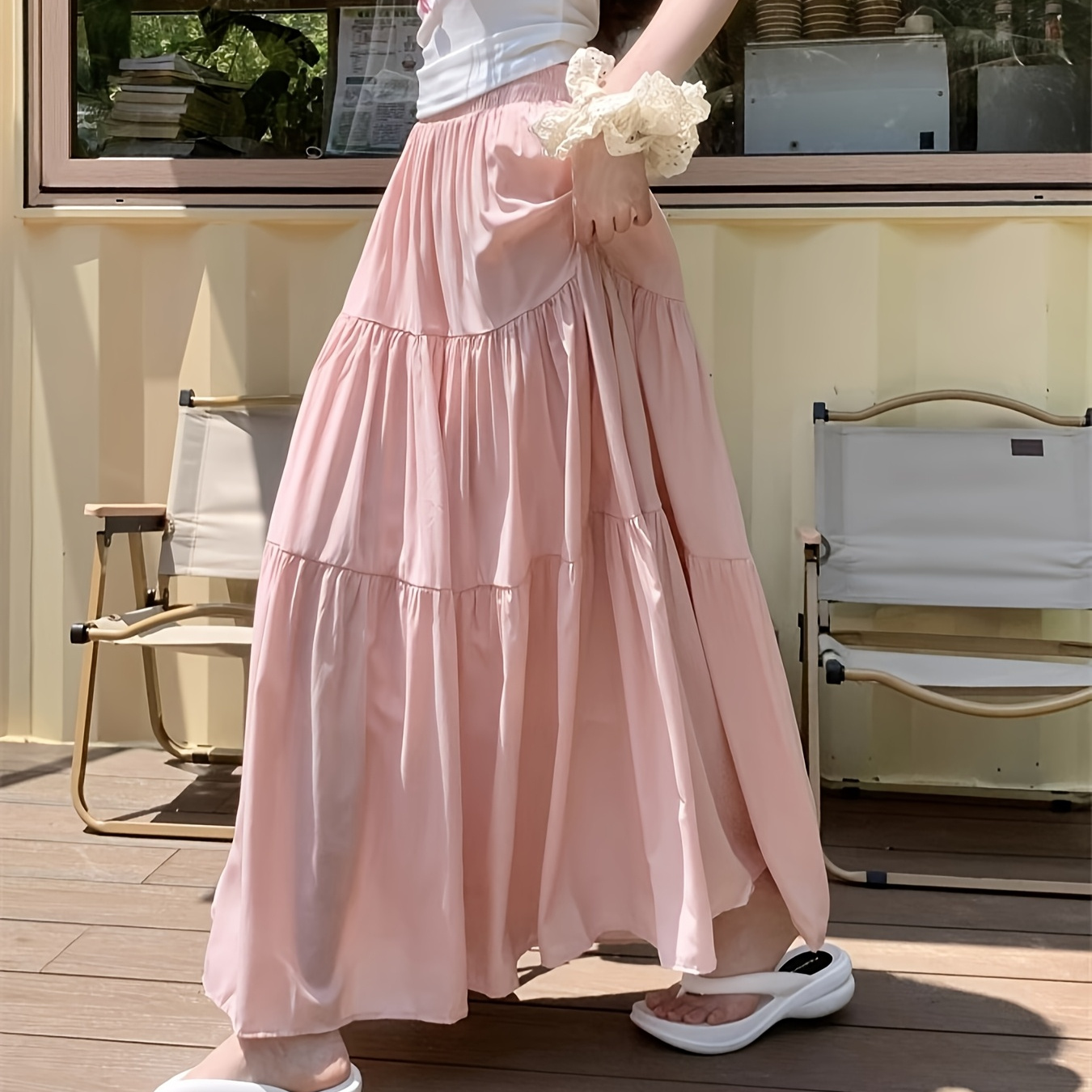 

Women's Elegant Tiered A-line Long Skirt, Solid Color Polyester 100% With Lining, Elastic High-waist, Flared Hem, Loose Fit, Woven, Spring/summer/fall Fashion