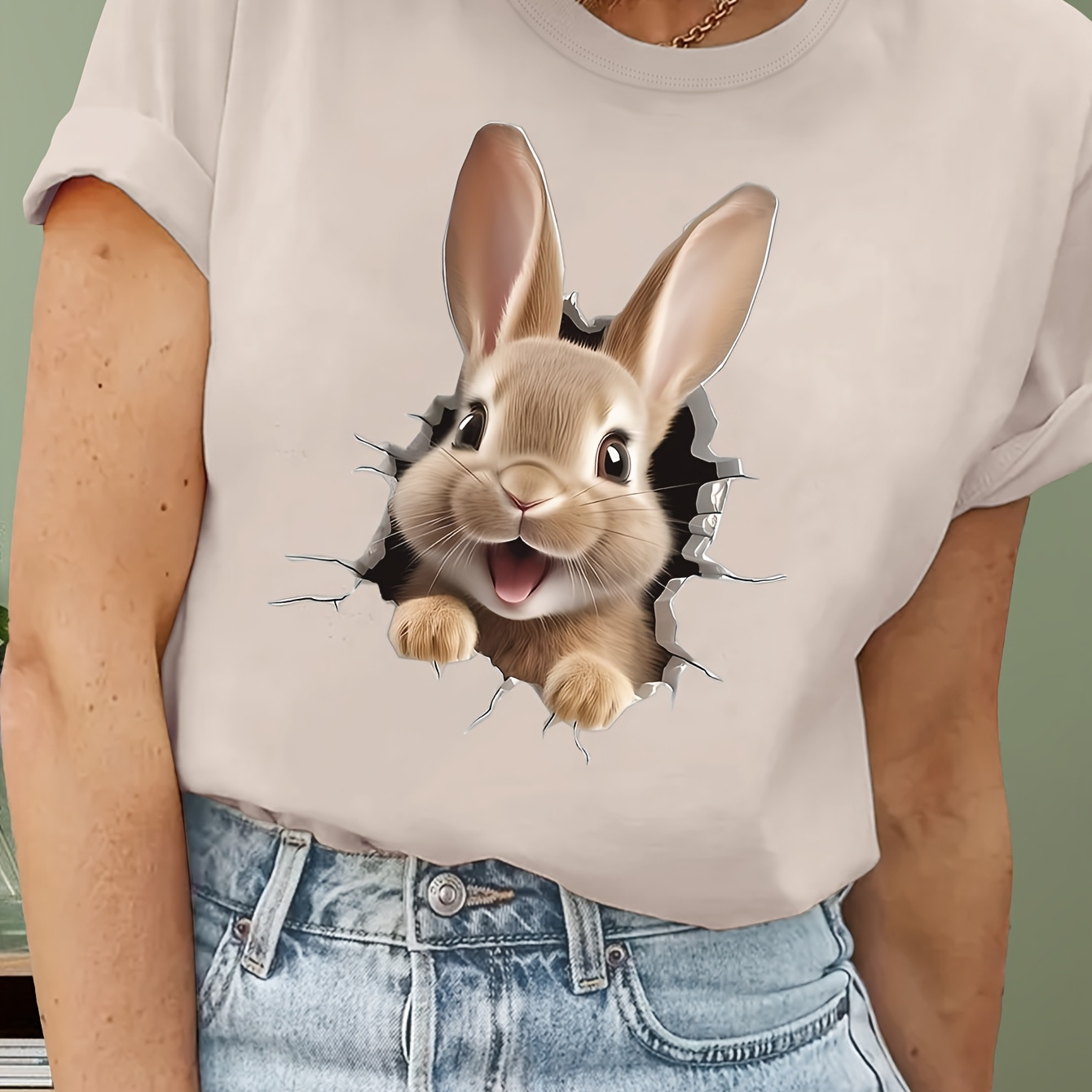 

Women's Easter Bunny Graphic T-shirt - Casual Crew Neck, Short Sleeve, Polyester , Machine Washable, Non-transparent With Stretch Fabric - Spring/summer