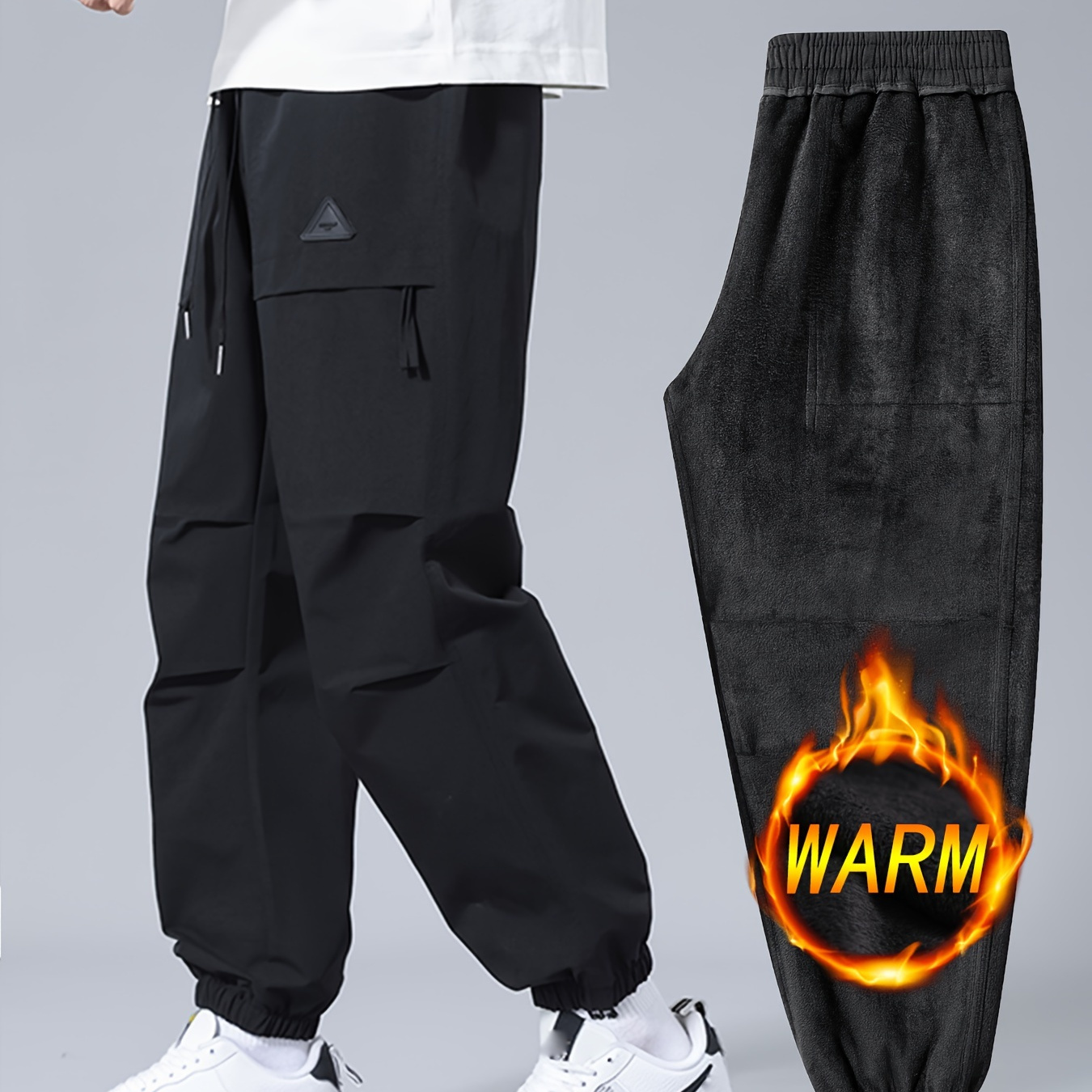 

Men's Winter Warm Fleece-lined Loose Wide Leg Pants, Casual Sports Trousers With Pockets, 100% Polyester, Non-stretch, Solid Color, Regular Fit, Woven, 140g/m² - Streetwear Essentials