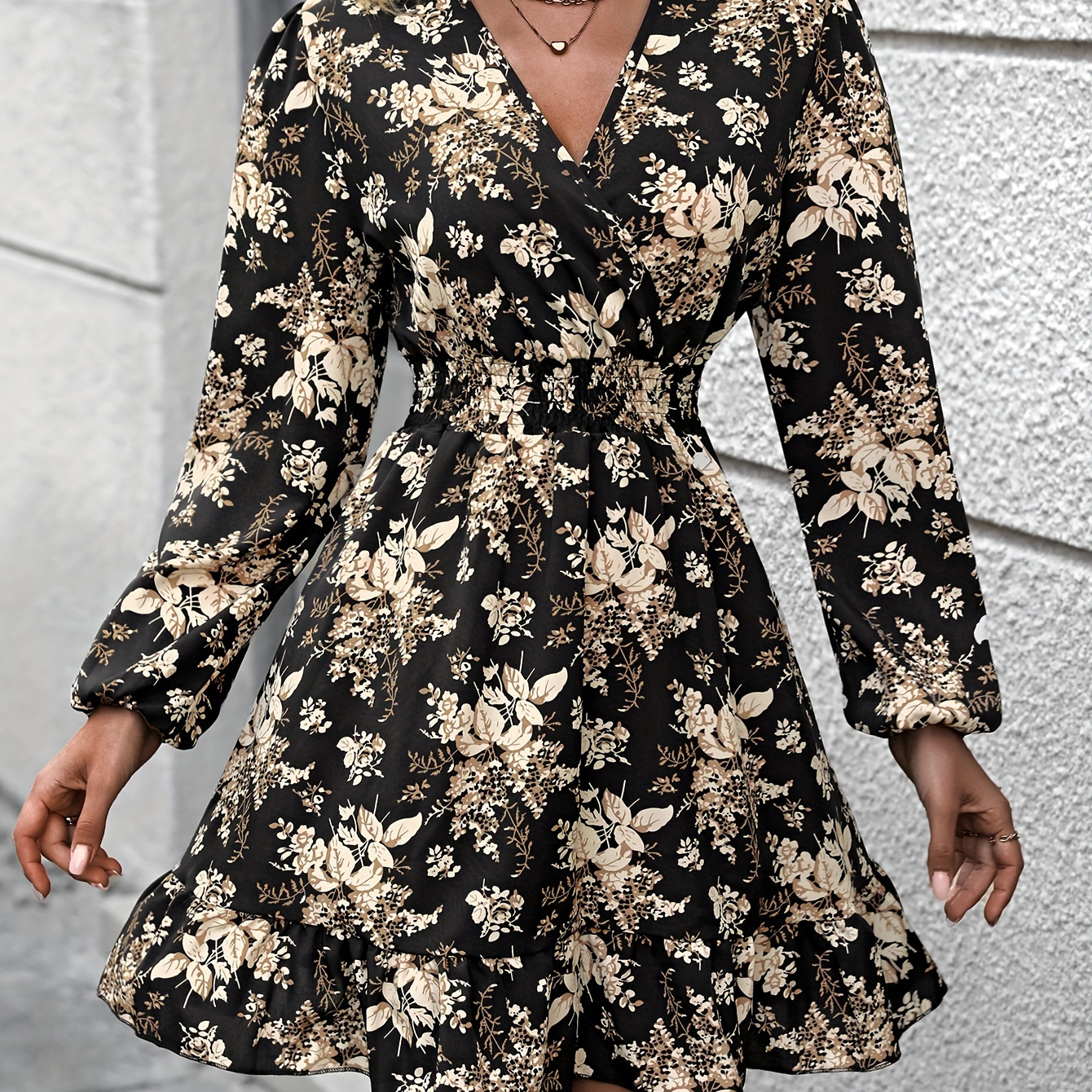 

Floral Print Shirred Waist Dress, Elegant V Neck Long Sleeve Dress, Women's Clothing