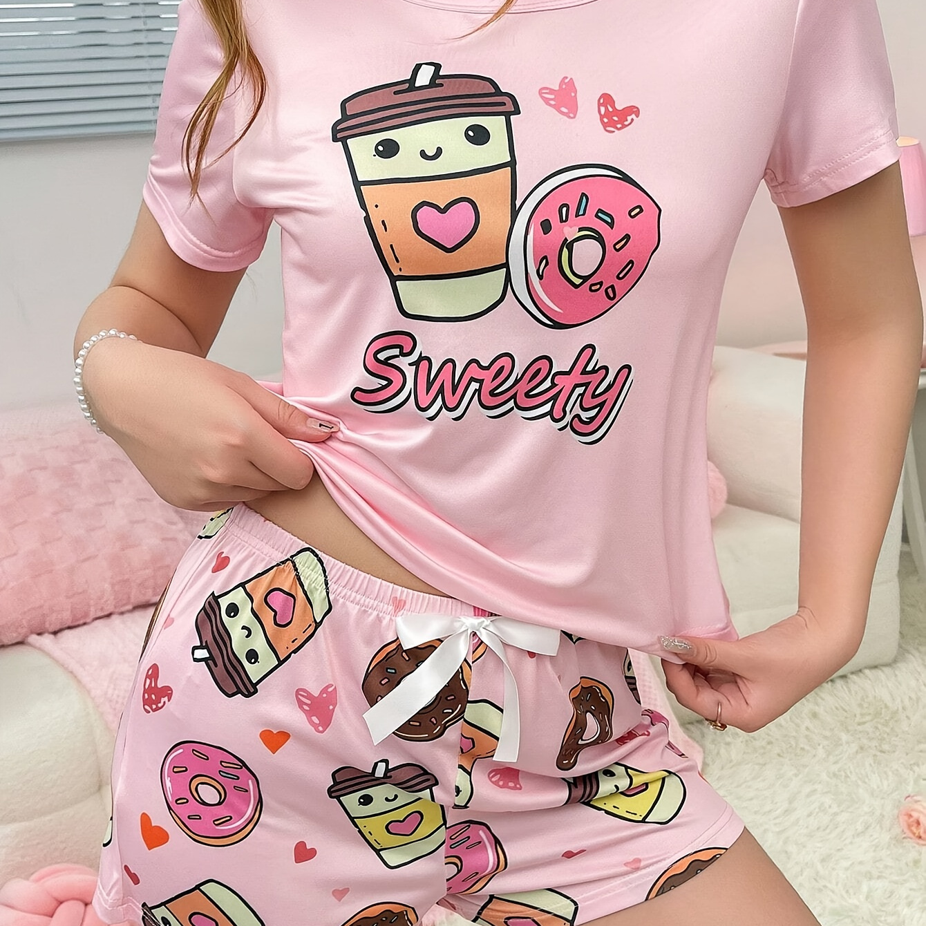 

Women's Coffee & Donut & Letter Print Cute Pajama Set, Short Sleeve Round Neck Top & Shorts, Comfortable Relaxed Fit