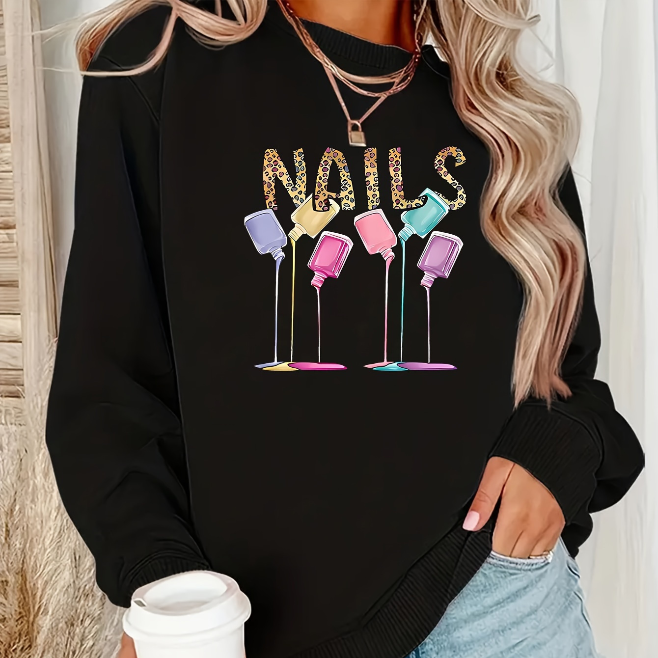 

Women's Colorful Nail Art Print Long Sleeve Sweatshirt, Cozy Knit Pullover, Round Neck, Stretch Fabric, Polyester, Casual Sports Hoodie For Adults