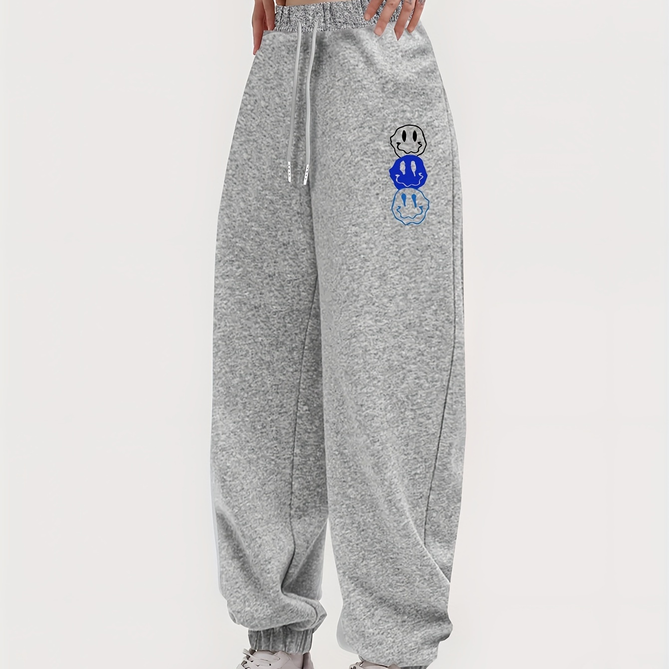 

Funny Smile Face Print Drawstring Sweatpants, Fashionable And Versatile Elastic Casual Sports Pants, Women's Athleisure
