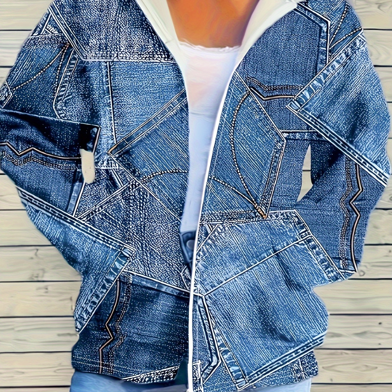 

Sweat à capuche en denim imprimé avec poches zippées, sweat-shirt à manches longues décontracté, vêtements pour femmes.